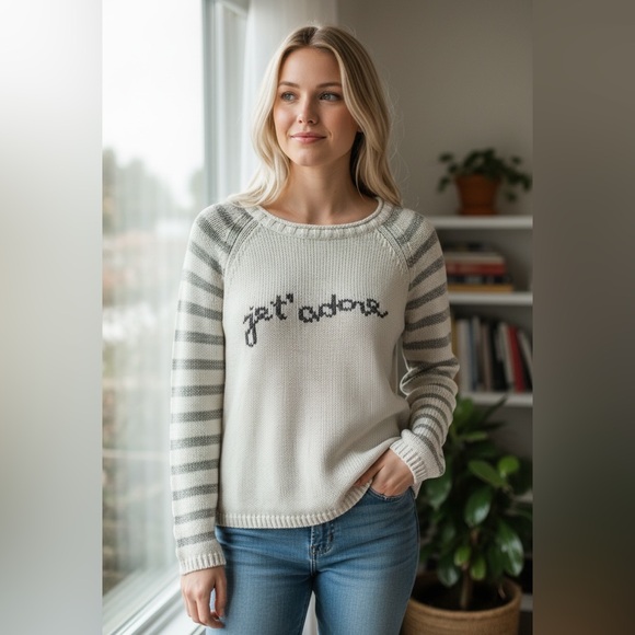 Moth Sweaters - Anthropologie Moth "Jet'adore" Cream and Gray Striped Crew Neck Sweater Size L